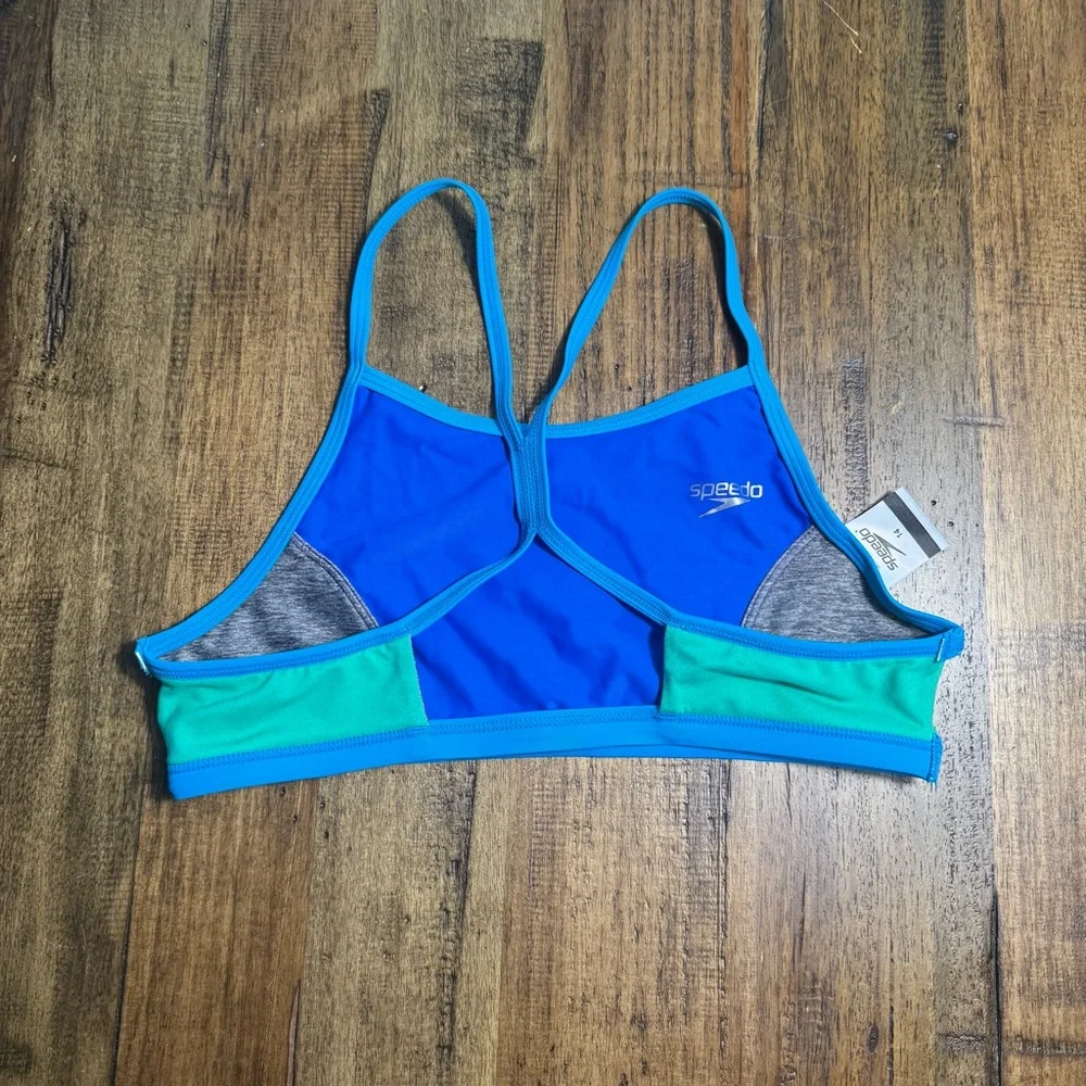 EUC Speedo Digi Zigzag Heather‎ Bikini Top Blue Gray Kids Size 14 Athletic Swim
